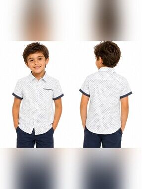 Boys' Short Sleeve White Dot Print Shirt with Navy Trim